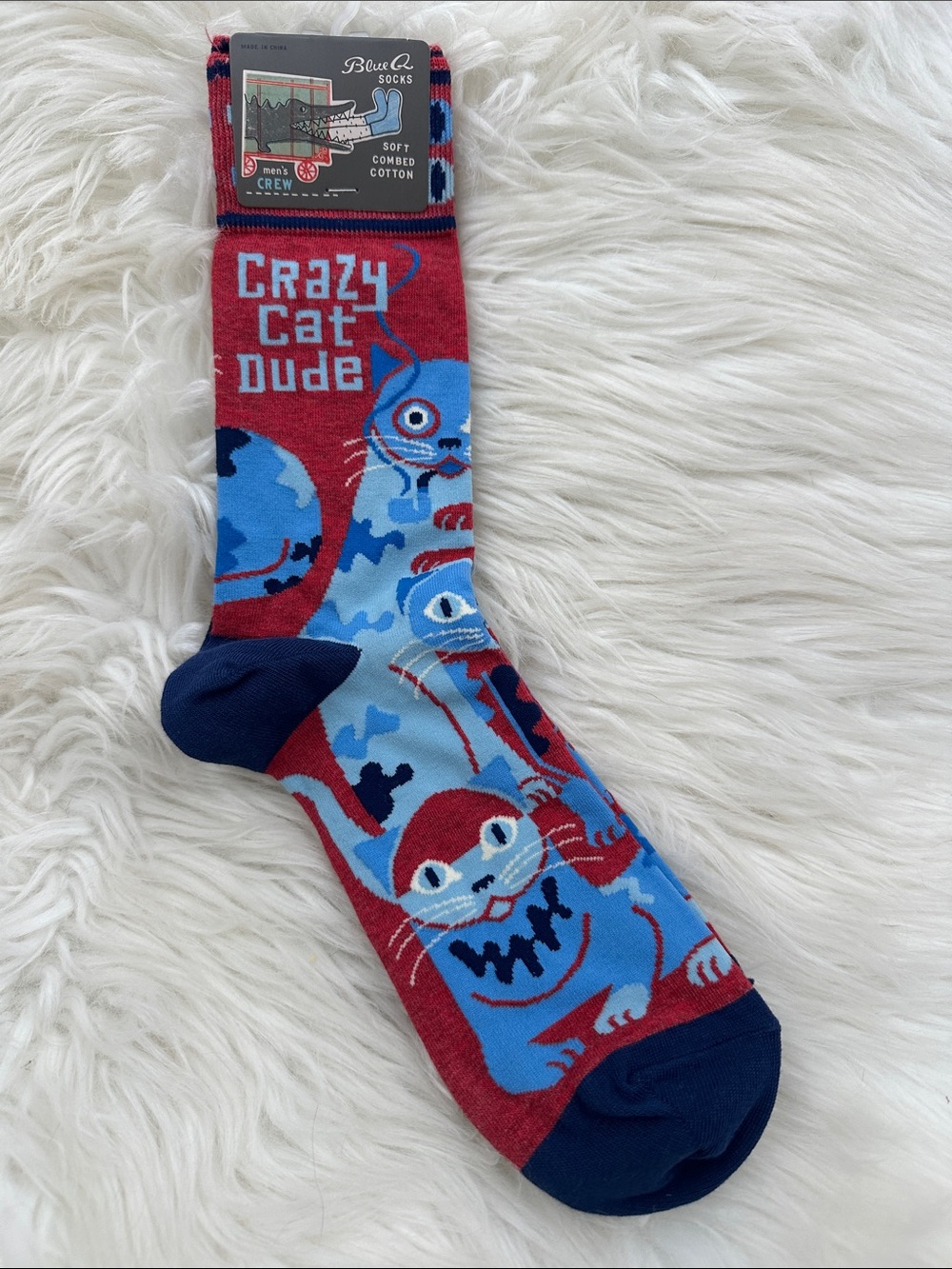 Blue Q Crazy Cat Dude Men's Crew Socks - Red & Blue